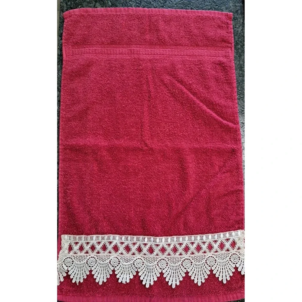 Vintage Burgundy Hand Towels & Washcloths (2 Each) with Cream Lace